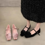 KYLETHOMASW  -   Cute Flock Flowers Flat Shoes for Women Shallow Elegant Dress Shoes Comfort Soft Sole Square Toe Designer Mary Jane Ballet Shoes