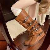 KYLETHOMASW  -  Women Knee-high Boots Summer 2025 Shoes Woman Knight Boots Woman Designer Buckle Chelsea Long Botas Pu Leather Motorcycle Shoes