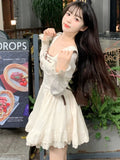 KYLETHOMASW  -  Sweet Apricot Short Dresses for Women Flare Sleeves Square Collar Ruffles A-line High Waist Korean Fashion Mini Vestidos Mujer