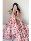 KYLETHOMASW  -  Summer Niche French Pink Floral Off-shoulder Dress Atmosphere Sense Vacation Style Tea Break Long Skirt Princess Dress