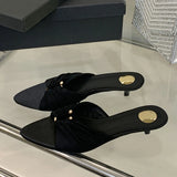 KYLETHOMASW  -  Sexy Pleated Silk Hollow Out Metal Buckle Women Slippers Sandal Summer Pointed Toe Low Thin Heels Beach Party Female Shoes