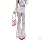KYLETHOMASW  -  Sexy Y2K White Sheer Lace High Waist Flare Pants | See-Through Mesh Bell Bottom Trousers | Kawaii Aesthetic Summer Streetwear