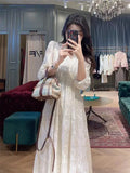 Kylethomasw French Spring/Summer Fashion Party Dress Vintage Puff Sleeve Mid-length Dress for Women V Neck Elegant Fairy Wedding Dress Robe