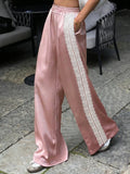 KYLETHOMASW  -  Women Satin Silk Lace Trim Pants Y2k High Street Elastic Waist Wide Leg Pj Lounge Boxer Bottoms Trendy Causal Trousers
