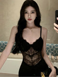 Kylethomasw Sexy Black Lace Long Dresses for Women Summer New Hollow Out High Split Bodycon Camisole Evening Party Dress Prom Robe Vestido