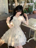 KYLETHOMASW  -  Korean Ladies Mini Dress Summer Short Sleeve Fashion Embroidered Floral Ball Gown Dress Sweet Pan Collar Women Party Vestidos
