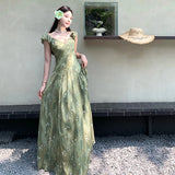 KYLETHOMASW  -  Elegnat Evening Party Wedding Birthday Dress for Women Summer V Neck Short Sleeve Print Floral Chiffon French Beach Long Dress