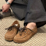 KYLETHOMASW  -  Spring Autumn Round Toe Women Loafers New Cow Suede Lace Up Flat Shoes Casual Versatile Doudou Shoes Soft Soled Lady Shoes