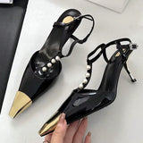 Kylethomasw Metal Pointed Toe Stiletto Sandal Women Luxury Pearls Strap Buckle Designer High Heels Party Prom Shoes Summer Women Pumps