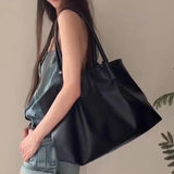 KYLETHOMASW  -  Simple Large Capacity Soft Leather Tote Bag Versatile Lightweight Black Commuter Shoulder Bag Fashion Casual Pleated Handbag