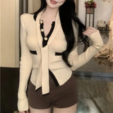 Kylethomasw Korean Single-breasted Tie Casual Long-sleeved Cardigan Women 2025 Spring New High Street Contrast Color Patchwork Knitted Tops