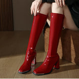 KYLETHOMASW  -  Thick Heel Women Knee High Boots Fashion Silvery Square Toe Autumn Winter Ladies Elegant Mordern Knight Long Booties