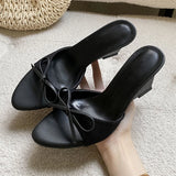 KYLETHOMASW  -  Elegant Pink Bow Wedge Heel Mules Women's Open Toe Linen Strap Slip on Sandals Summer Casual Slippers Shoes
