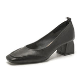 KYLETHOMASW  -  High Heels Women's Spring Summer Square Head Shallow Mouth Medium Heel Pumps Women's Thick Heel Soft Leather Commuter Work Shoes