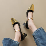 Kylethomasw Spring/Autumn Women Pumps Split Leather Shoes for Women Square Toe Chunky Heel High Heels Elegent Mixed Colors Mary Janes Shoes
