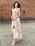 KYLETHOMASW  - Retro Beige Yellow Print Sleeveless Pleated Slip Long Dress Women Summer New Elegant Holiday Evening Party Dress Ladies Bohemian