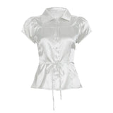 KYLETHOMASW  -  Polka dot short sleeved breasted shirt design with a cinched waist and tie, light and mature satin short commuter top