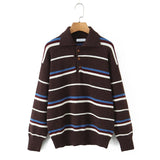 KYLETHOMASW  -  American Retro Lapel Collar Knitted Sweater For Women Long Sleeve Casual Loose Autumn Striped Pullovers