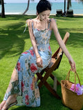 KYLETHOMASW  -  French Style Floral Print Womens Dresses Elegant Spaghetti Strap Bodycon Party Long Dress Summer Holiday Beach Vestidos Robe New