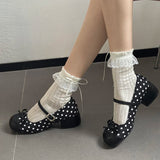 KYLETHOMASW  -  Cute Polka Dot Thick Heel Women Mary Jane Shoes Designer Buckle Strap Pumps Ladies Eelgant Butterfly-knot Dress Single Shoes