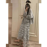 KYLETHOMASW  -  Premium Heavy Industry Sequin Long Skirt Set Shining Lazy Style Loose Gray Knitted Pullovers Autumn Two Piece Sets Women Outfits