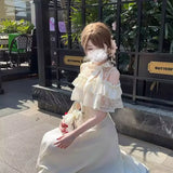 KYLETHOMASW  -  Lace Sweet Cloak Design White Dress Summer New Off Shoulder Bow Short Sleeve Waist Slimming A-line Long Dress for Women