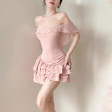 KYLETHOMASW  -  Summer New Women's Clothing One-word Collar Off-the-shoulder Ruffle Leaf Edge Hip-wrapped Cake Dress