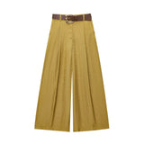 KYLETHOMASW  -  Minimalist Gold Satin Wide Leg Pants Women's French Office Ladies Lazy High Waist Loose Pants Trousers Women