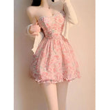 KYLETHOMASW  -  Sweet New Pink Sexy Dress Sweet Fresh Style Fragmented Flowers Print Waist Wrapped Slim Student Summer Short Lovely