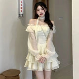 KYLETHOMASW  -  Elegant Mini Dresses Woman Solid Off Shoulder Ruffles A-line Long Sleeve Lace-up Short Party Dress Korean Fashion One Piece New