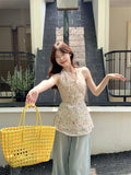 KYLETHOMASW  -  Sweet Floral Hanging Neck V-neck Sleeveless Vest Women Summer 2025 New Style Slimming Waist Trendy Camisole Top