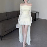 KYLETHOMASW  -  Mesh Mini Dresses Slash Neck Solid Spring Summer Vintage Sexy Women Dress Korean Fashion Ruffles Vestidos Mujer