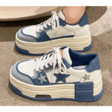 KYLETHOMASW  -  Sweet Cool Women Solid White Star PatternPlatform Sneakers AirCushion Thick Sole Lace Up HeightenCasual Street Skate Board Shoes