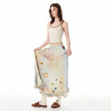 KYLETHOMASW  -  2025 Cat Print Contrasting Color Blending Spring Floral Mid Long Hem A-line Skirt Women Artistic Sweet Versatile Ins