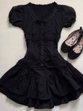KYLETHOMASW  -  Gothic Vintage Black Lace 2-piece Set Women Lolita Lace Puff Sleeve Y2K Tops Female + High-waist Ruffle Short Kawaii Mini Skirt