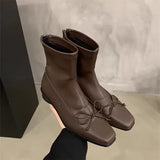 KYLETHOMASW  -  Brown Bow Back Zipper Ankle Boots Women Point Flat Head Square Heel Autumn Winter Shoes Chic Sewing Thread Boot for Woman