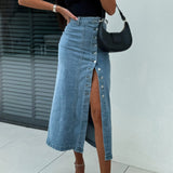 KYLETHOMASW  -  Women's Denim Skirt Solid Color High Waist Oblique Button Up Split Long Skirt for Travel Party