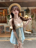KYLETHOMASW  -  Summer Sweet Korea Fashion Fake Two Pieces Dress Woman Japanese Cute Loose Hanging Neck Dew Shoulder Short Design Dress New