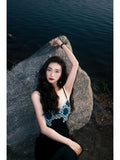 KYLETHOMASW  -  Velvet Slip Dress Women Summer Embroidery French Vintage Slim Robe Halter Dresses for Women Korean Fashion Vestidos