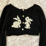 KYLETHOMASW  -  Y2K retro women's cropped knit cardigan black cropped knit white rabbit embroidery button-down round neck street style autumn