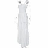 KYLETHOMASW  -  Fashion 2025 Summer White Ruffles Irregular Long Holiday Dress Fairy Women Sheer Mesh Sleeveless Vacation Beach Seaside Dress