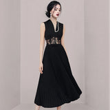 Kylethomasw Runway Party Dress 2024 Summer Women Sexy Temperament V Neck Sleeveless Lace Patchwork Perspective Waist Pleased Dresses