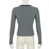 KYLETHOMASW  -  Fashionable dark chain print contrasting round neck long sleeved simple grey slim fit slimming front shoulder top