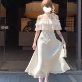 KYLETHOMASW  -  Lace Sweet Cloak Design White Dress Summer New Off Shoulder Bow Short Sleeve Waist Slimming A-line Long Dress for Women