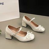 KYLETHOMASW  -  Bow Mary Jane Shoes Women High Heels Sandals Summer Chunky Leather Shoes Luxury Brand Dress Shoes Elegant Pumps Zapatillas