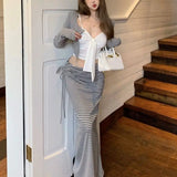 KYLETHOMASW  -  Striped Slimming Sexy Three-Piece Set Korean Lazy Style Women's Fashion Unique Design Sensation Tank Cardigan Mini Skirt Set