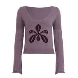 KYLETHOMASW  -  Cropped Sweater Pullover Women Embroidery Flowers V Neck Slim Stretch Long Sleeve Basic Vintage Y2k Harajuku Jumper