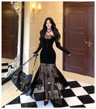 KYLETHOMASW  -  Black Patchwork Lace Sheer Sexy Ruffled Long Dress Women Elegant Chic Neck-mounted Dress Autumn Korean Bodycon Party Dress