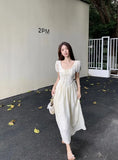 KYLETHOMASW  -  Women Summer Vintage Sweet Chic High Waist Elegant Party Dresses Fairy Solid Short Sleeve Slim Lace-up Beach Maxi Dress Vestidos