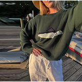 KYLETHOMASW  -  Crewneck Embroidered Fish Knit Sweater Long Sleeve Relaxed Fit 2025 Autumn Preppy Women Top Fashion Daily Casual Lady Pullover